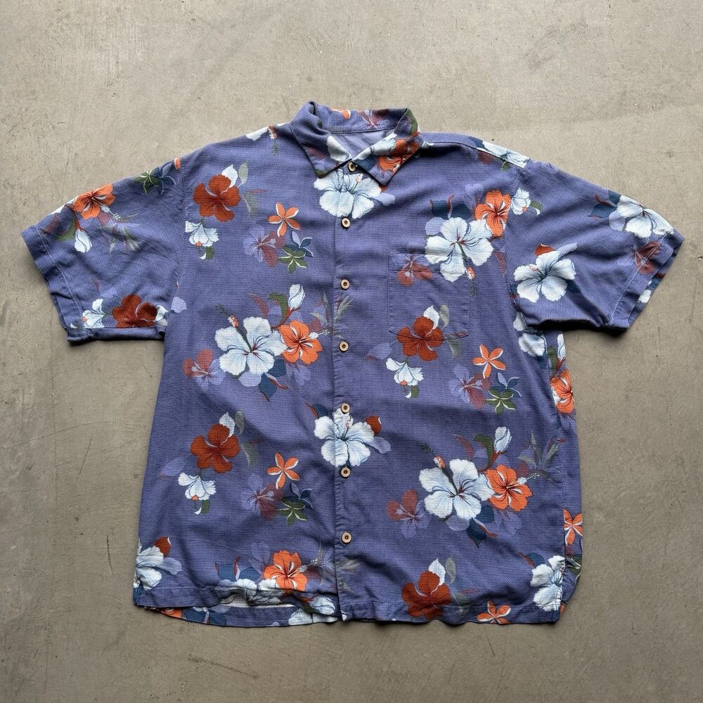Tommy Bahama Mens XL 100% Silk Button Up Hawaiian Shirt Pocket Floral Camp